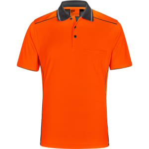 An orange short-sleeve polo shirt with a grey collar and detailing, featuring a pocket and a logo.