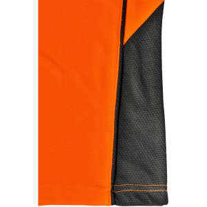 A close-up of an orange and charcoal polo shirt featuring a textured design and a logo.