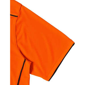 An orange short-sleeved polo shirt featuring black accents and a logo. Part of the workwear category.
