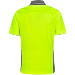 A bright yellow short-sleeve polo shirt with grey accents and a logo on the chest. Ideal for high visibility.