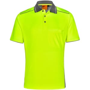 A bright yellow Hi-Vis polo shirt with grey accents and a chest pocket, featuring a logo.