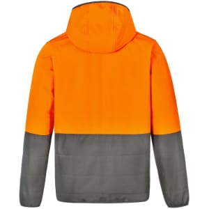 A Hi-Vis quilted two-tone safety jacket features an orange upper section and a grey lower section, with a hood and branding.
