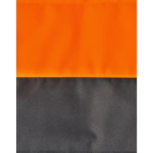 A quilted safety jacket featuring a bright orange upper section and a dark grey lower section, with a logo present.