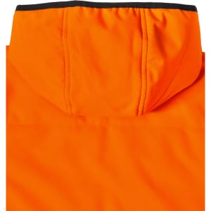 A bright orange safety jacket featuring a quilted design and a hood, with a contrasting black trim at the collar.