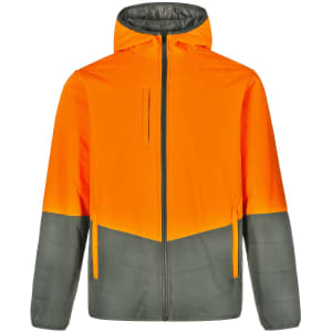 A quilted safety jacket featuring a vibrant orange and olive green two-tone design, with a hood and zippered front.
