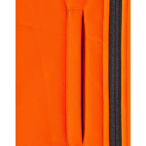 A close-up of an orange fabric featuring a zippered pocket, part of a safety jacket design.