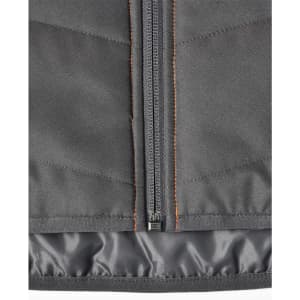 A grey quilted safety jacket with orange stitching, featuring a zip closure and a lining for added warmth.