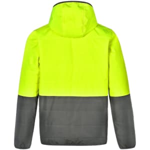 A Hi-Vis quilted safety jacket featuring a bright yellow upper section and a dark grey lower section, with a hood.