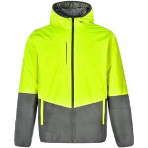 A Hi-Vis quilted safety jacket in bright yellow and grey with a hood and a front zip pocket. Features a logo.