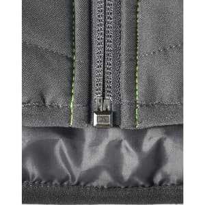 A quilted grey safety jacket with reflective stitching and a zipper detail at the front, including a logo.