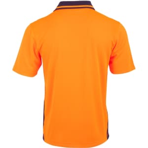 A bright orange unisex polo shirt featuring short sleeves and a contrasting collar. It includes a logo.