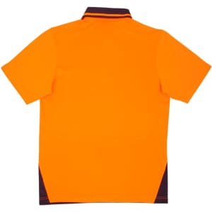 A bright orange unisex polo shirt made from bamboo charcoal, featuring a logo and short sleeves.