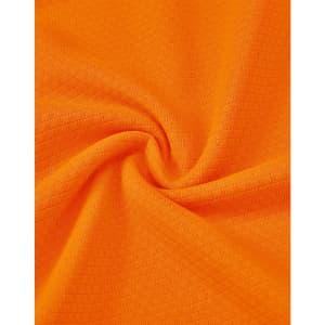 An orange textured fabric featuring a grid pattern, suitable for work polo shirts. The material has a soft, flexible quality.