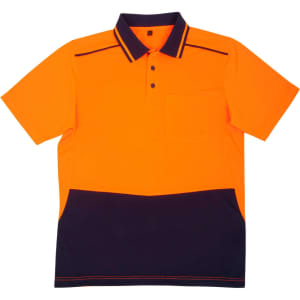 A unisex short-sleeve polo shirt in hi-vis orange with dark navy accents and a pocket, featuring a logo.