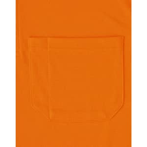 An orange unisex polo shirt featuring a textured fabric and a chest pocket. It has a logo on it.