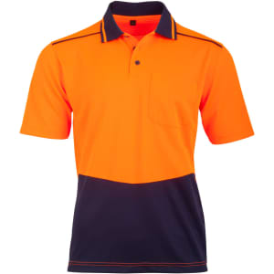 A hi-vis orange and navy bamboo charcoal short-sleeve polo shirt featuring a pocket and a logo.