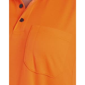 An orange short-sleeved polo shirt featuring a pocket and a collar with buttons, along with a logo.