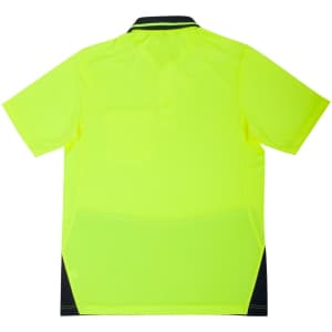 A bright yellow unisex polo shirt with short sleeves, featuring a dark navy back panel and a logo.