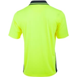 A bright yellow unisex short-sleeve polo shirt featuring a contrasting trim and a logo on the front.