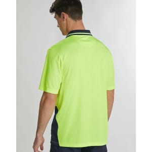 A unisex short-sleeve polo shirt in high-visibility yellow with navy detailing and a logo on the back.