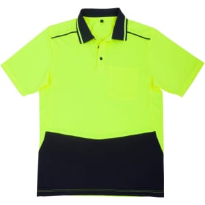 A unisex short-sleeve polo shirt in high-visibility yellow and navy, featuring a pocket and a logo.