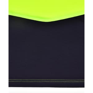 A unisex hi-vis polo shirt featuring a vibrant yellow upper portion and navy blue lower section, with a logo present.