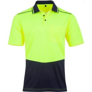 A bright yellow and navy blue unisex short-sleeve polo shirt with a chest pocket and contrasting collar. It features a logo.