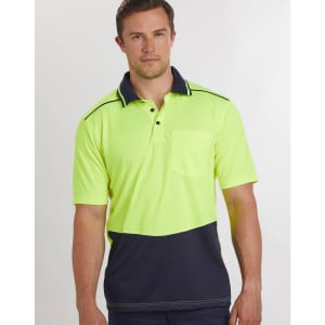 A unisex, short-sleeved polo shirt in high-visibility yellow and navy, featuring a pocket and a logo.