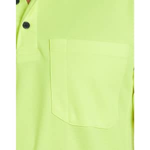 A vibrant yellow-green short-sleeve polo shirt featuring a pocket and a subtle textured design. It has a logo.