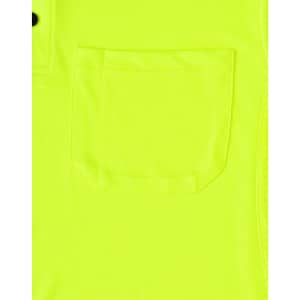 A bright yellow short-sleeved polo shirt featuring a pocket and a logo.