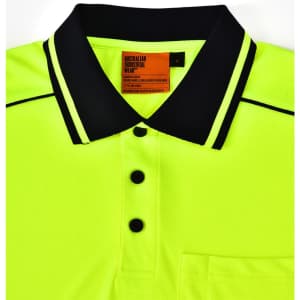 A bright yellow hi-vis polo shirt featuring a black collar and buttons, with a chest pocket and branding.