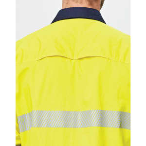 A high-visibility yellow long-sleeve shirt with segmented reflective tape on the back and a navy collar.
