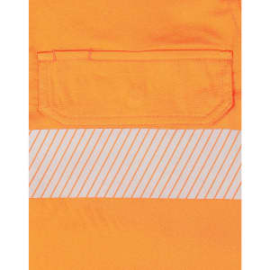 An orange long-sleeved safety shirt featuring segmented reflective tape and a chest pocket.