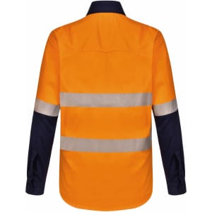 A long-sleeve safety shirt in orange and navy blue, featuring segmented reflective tape and a branding logo.