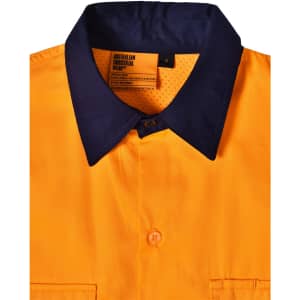 A bright orange long-sleeve safety shirt featuring a navy collar and a branded label inside.
