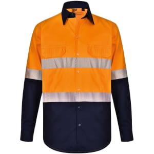 A long-sleeve safety shirt in hi-vis orange and navy, featuring segmented reflective tape and a button-up front.