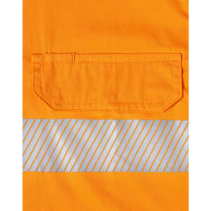 An orange safety shirt featuring segmented reflective tape and a chest pocket. It has a logo on the fabric.