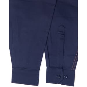 A navy long-sleeved safety shirt featuring segmented reflective tape and buttoned cuffs. Includes a logo.