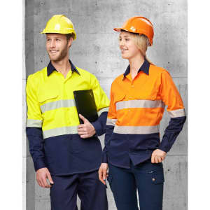 A yellow and navy long-sleeve safety shirt and an orange and navy long-sleeve safety shirt, both with segmented tape, worn by models.