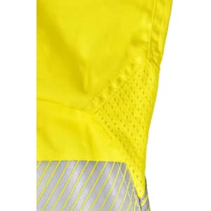 A bright yellow long-sleeve safety shirt featuring segmented reflective tape and mesh detailing.
