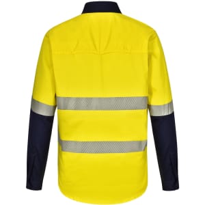 A long-sleeve safety shirt in bright yellow with navy blue sleeves, featuring segmented reflective tape.