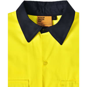 A safety long-sleeve shirt in hi-vis yellow with a navy collar and dual pockets, featuring a logo.