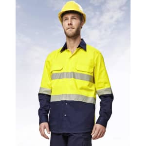 A long-sleeved safety shirt in hi-vis yellow and navy, featuring segmented reflective tape and a logo.