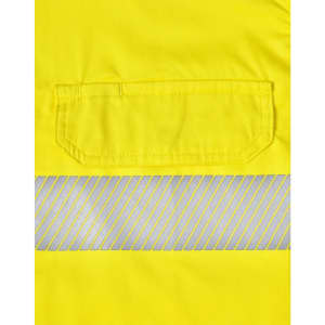 A bright yellow safety shirt featuring segmented reflective tape and a pocket. It has a logo on the fabric.