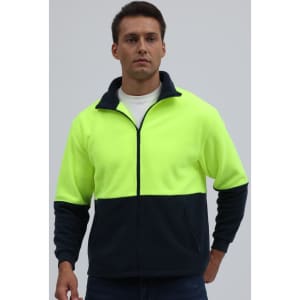 A Hi-Vis polar fleece full zip jacket in bright yellow and navy, featuring a zip and pockets, modelled by a person.