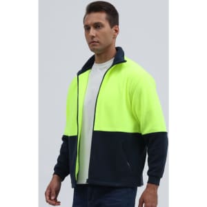 A Hi-Vis polar fleece full zip jacket in bright yellow and navy blue, featuring a zip closure and a logo.