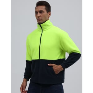 A high-visibility polar fleece full zip jacket in bright yellow and navy blue, featuring a zip front and pockets.