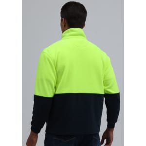 A full zip jacket featuring a high-visibility yellow upper and navy lower section, with a folded collar and branding.