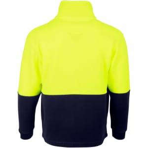A Hi-Vis polar fleece full zip jacket in bright yellow and navy, featuring a branding logo on the back.