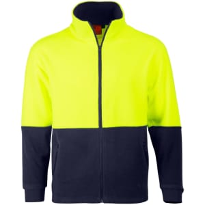 A Hi-Vis polar fleece full zip jacket in fluorescent yellow and navy, featuring a logo on the front.
